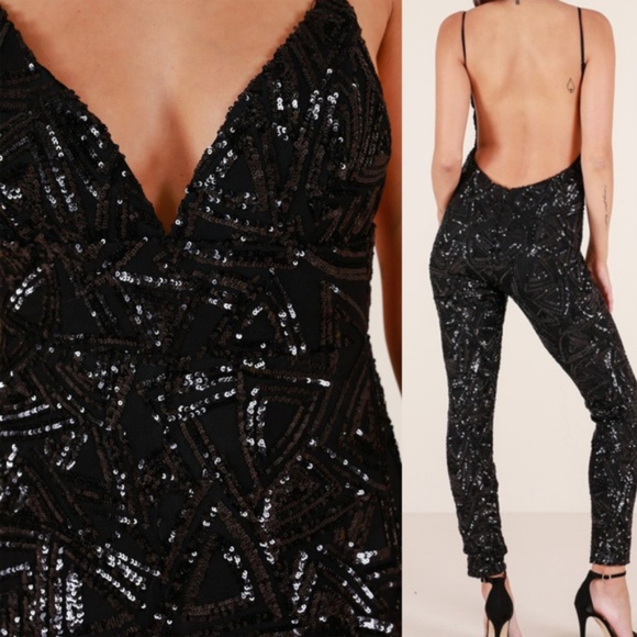 GLAMOUR GIRL BLACK NUDE SEQUIN JUMPSUIT - Picture 3 of 4